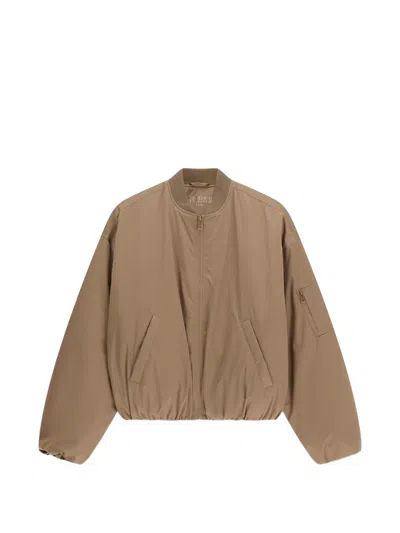 Guess Usa Ribbed-trim Zipped Bomber Jacket In Brown