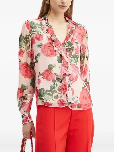 Guess Usa Rose-print Ruffled Blouse In Pink