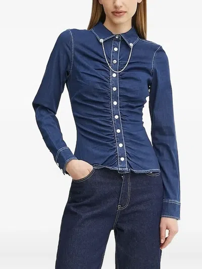 Guess Usa Ruched Denim Shirt In Blue