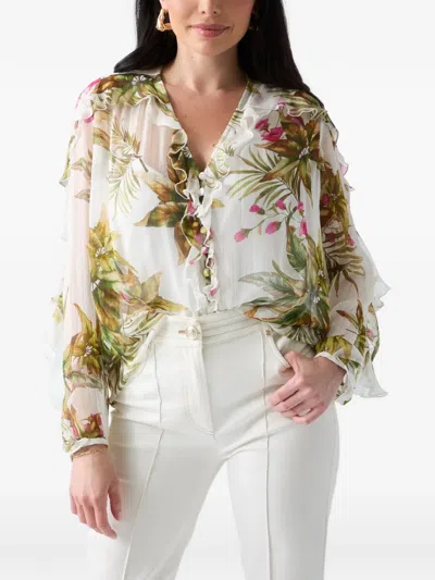 Guess Usa Ruffled Floral-print Blouse In White
