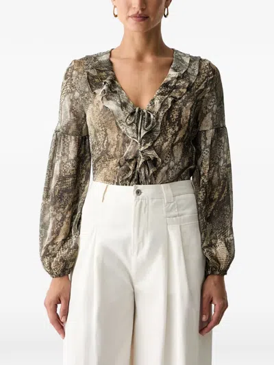 Guess Usa Ruffled Snake-print Blouse In Brown