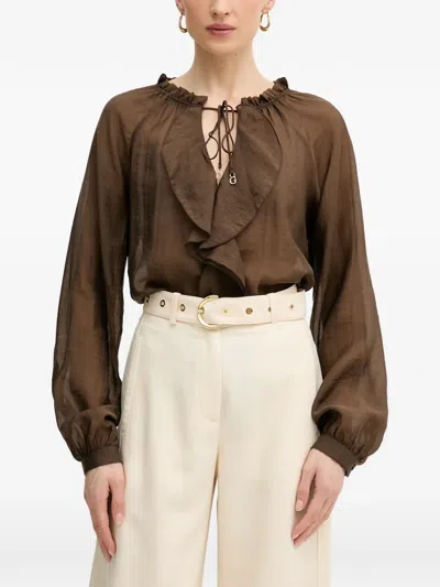 Guess Usa Ruffled Tie-fastening Blouse In Brown
