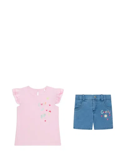 Guess Usa Kids' Ruffled-hem Top Embroidered-logo Trousers In Pink