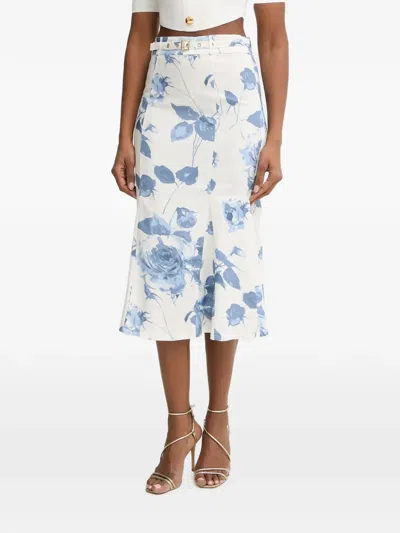 Guess Usa Ryan Floral-print Belted Mid-skirt In Blue