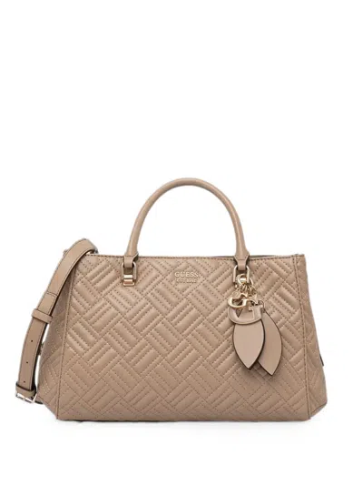 Guess Usa Sally Quilted Logo-charm Tote Bag In Brown