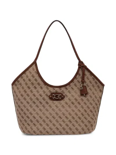 Guess Usa Samantha Monogram-print Logo-plaque Tote Bag In Brown