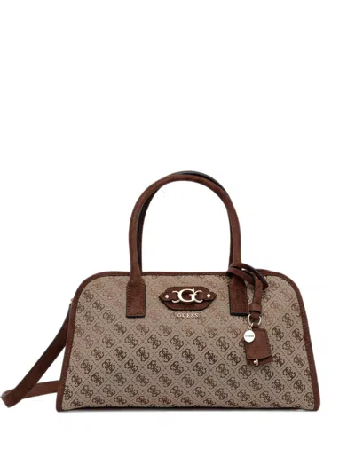 Guess Usa Samantha Monogram-print Logo-plaque Tote Bag In Brown