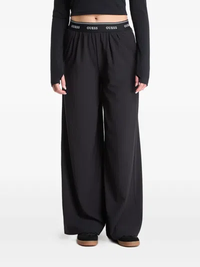 Guess Usa Selene Logo-waistband Wide-leg Trousers In Black