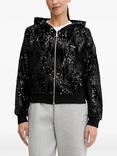 Guess Usa Sequin Hooded Top In Black