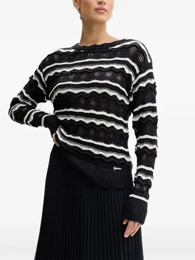 Guess Usa Striped Wave-pattern Sweater In Black