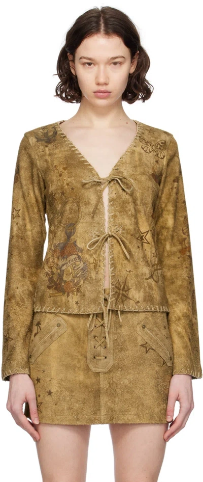 Guess Usa Tan Printed Suede Blouse In F1nk Grayson Tan Mul
