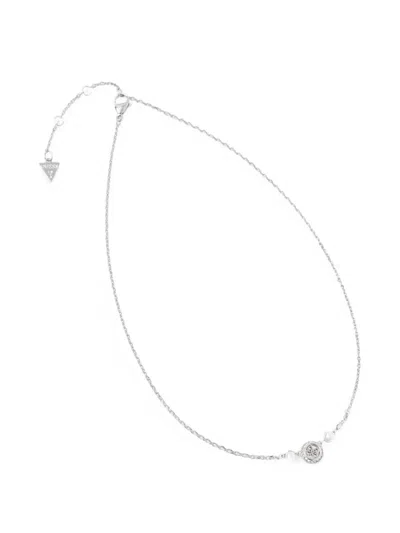 Guess Usa Tiny Pearly Logo-plaque Faux-pearl Necklace In Silver