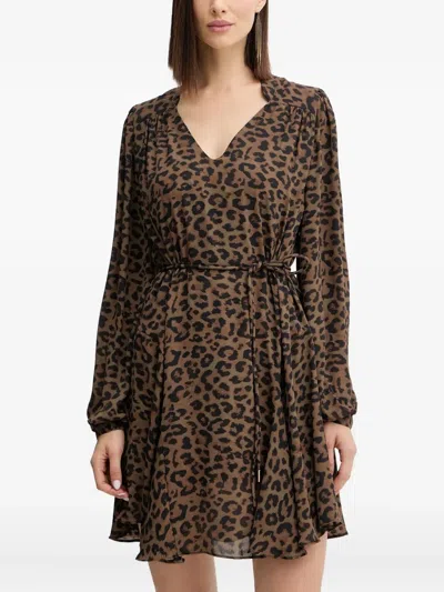 Guess Usa V-neck Animal-print Mini Dress In Brown