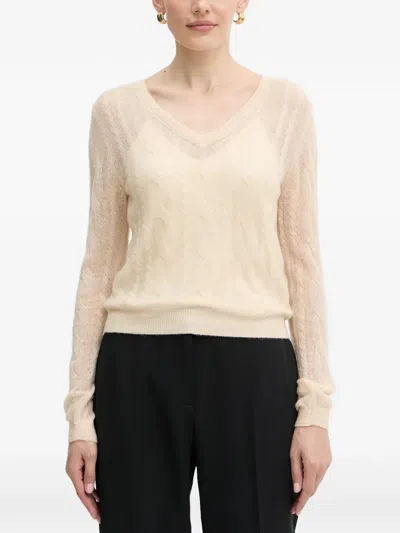 Guess Usa V-neck Cable-knit Jumper In Neutral