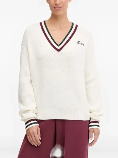 Guess Usa V-neck Striped Sweater In White