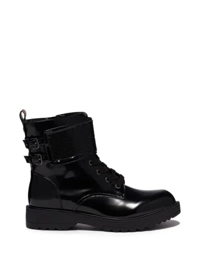 Guess Usa Wanda Buckled Mesh-strap Ankle Boots In Black
