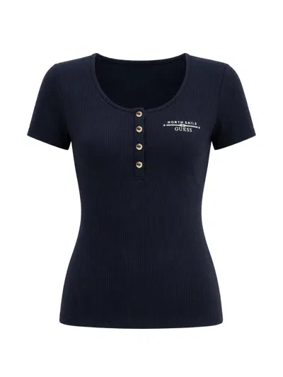 Guess Usa X North Sails Ribbed-knit Logo-print T-shirt In Blue