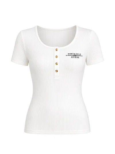 Guess Usa X North Sails Ribbed-knit Logo-print T-shirt In White