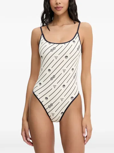 Guess Usa X North Sails Rope-print Logo-patch Swimsuit In White