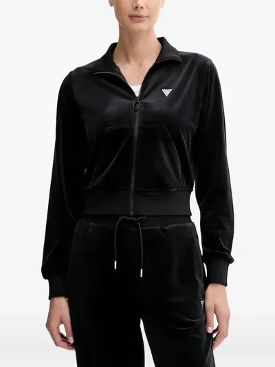 Guess Usa Zipped Rhinestone-embellished Top In Black