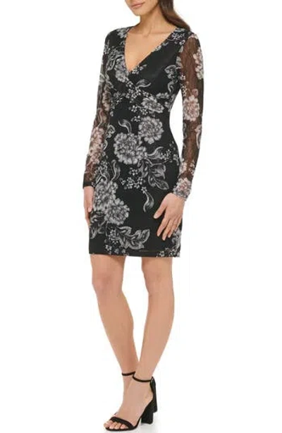 Guess V-neck Long Sleeve Delicate Lace Dress In Black/white