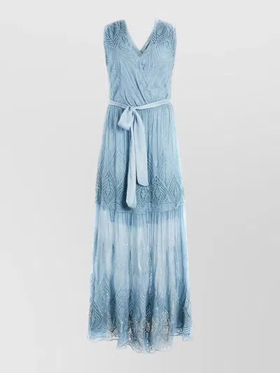 Guess V Neck Sleeveless Maxi Dress Embroidered Belt In Blue