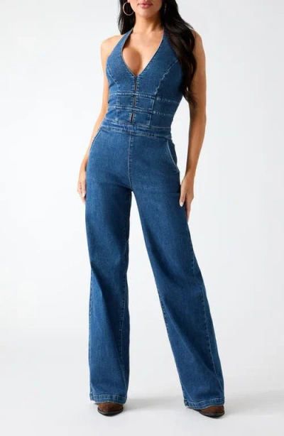 Guess Val Halter Denim Jumpsuit In Blue