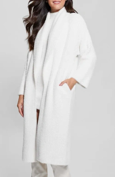 Guess Vero Fuzzy Shawl Collar Longline Cardigan In Dove White