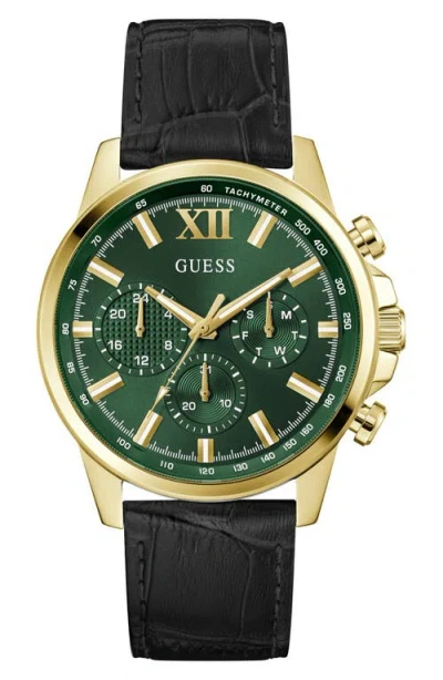 Guess Walker Green Dial Multifunction Leather Strap Watch, 44mm In Black
