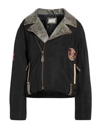 Guess Woman Jacket Black Size Xl Polyester, Cow Leather