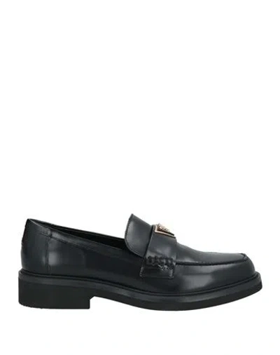 Guess Woman Loafers Black Size 10 Leather In Black