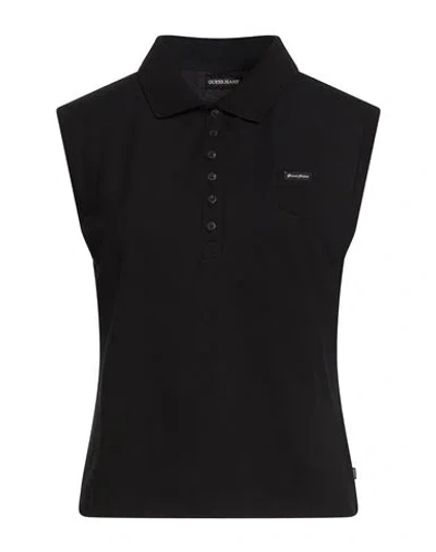 Guess Woman Polo Shirt Black Size L Cotton, Elastane