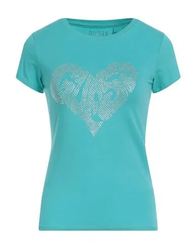 Guess Woman T-shirt Turquoise Size L Cotton, Elastane In Blue