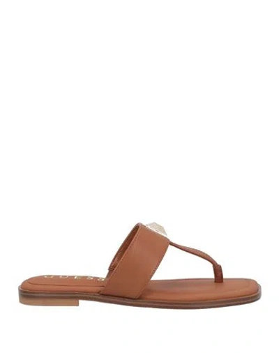 Guess Woman Thong Sandal Brown Size 8 Leather