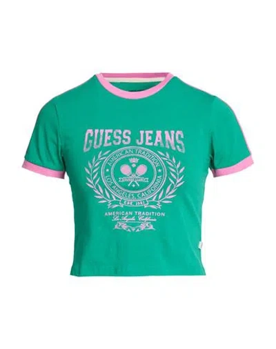 Guess Woman T-shirt Green Size L Cotton, Elastane