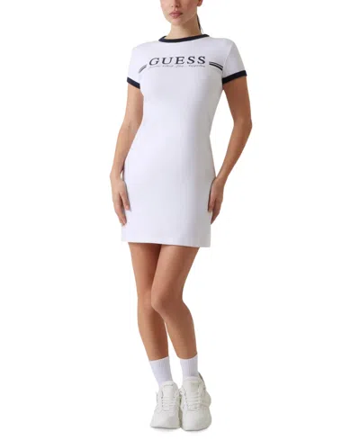 Guess Women's Active Short-sleeve Logo Dress In Pure White