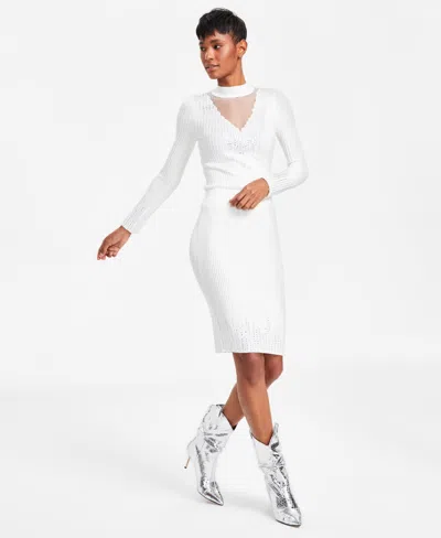 Guess Women's Alice Rhinestone Rib-knit Pencil Skirt In Cream White