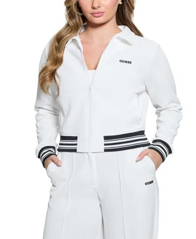 Guess Women's Amaryllis Front-zip Stripe-trim Cardigan In Pure White