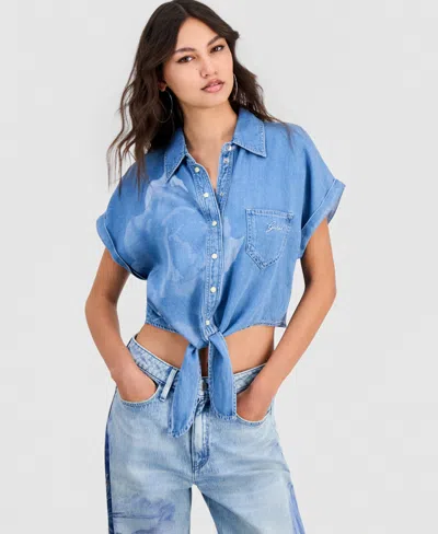Guess Women's Ambra Tie-front Short-sleeve Shirt In Blue