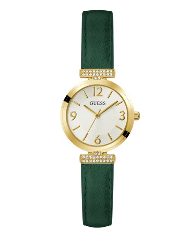 Guess Women's Analog Green Genuine Leather Watch, 28mm In Gold