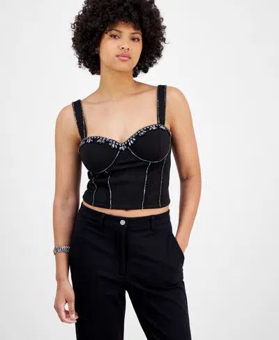 Guess Women's Angelica Faux-suede Rhinestone-embellished Corset Top In Jet Black