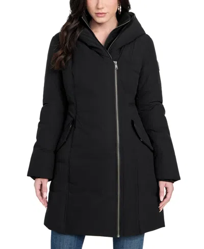 Guess Women's Asymmetric Zip-front Hooded Puffer Coat In Black