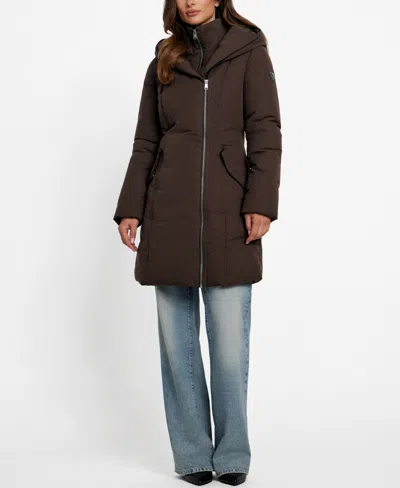 Guess Women's Asymmetric Zip-front Hooded Puffer Coat In Brown