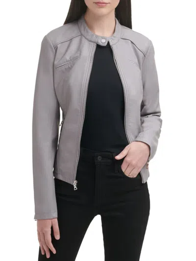 Guess Women's Band Collar Faux Leather Jacket In Grey