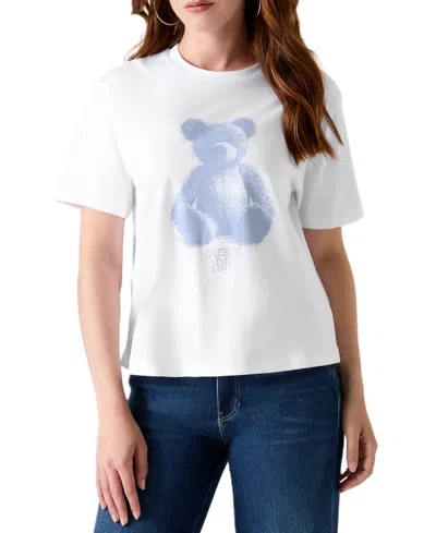 Guess Women's Bear Crewneck Rhinestone-graphic T-shirt In Pure White