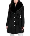 Guess Women's Belted Faux-fur-collar Button-front Coat In Blue