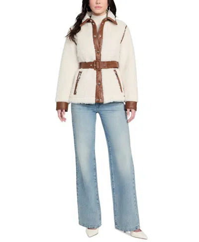 Guess Women's Belted Faux-shearling Coat In Neutral