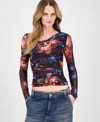Guess Women's Bernardette Asymmetric Printed Mesh Top In Blue