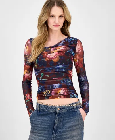 Guess Women's Bernardette Asymmetric Printed Mesh Top In Blue