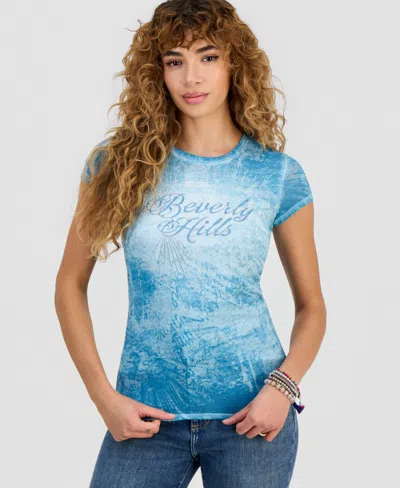 Guess Women's Beverly Hills Rhinestone Crew Neck T-shirt In Blue